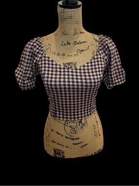 Haute Monde Pink and Black Gingham Sweetheart Neck Crop Top